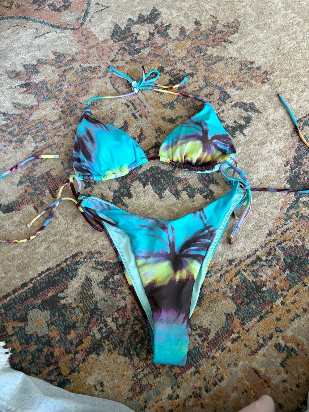 Tropical Palm String Bikini in Turquoise & Yellow